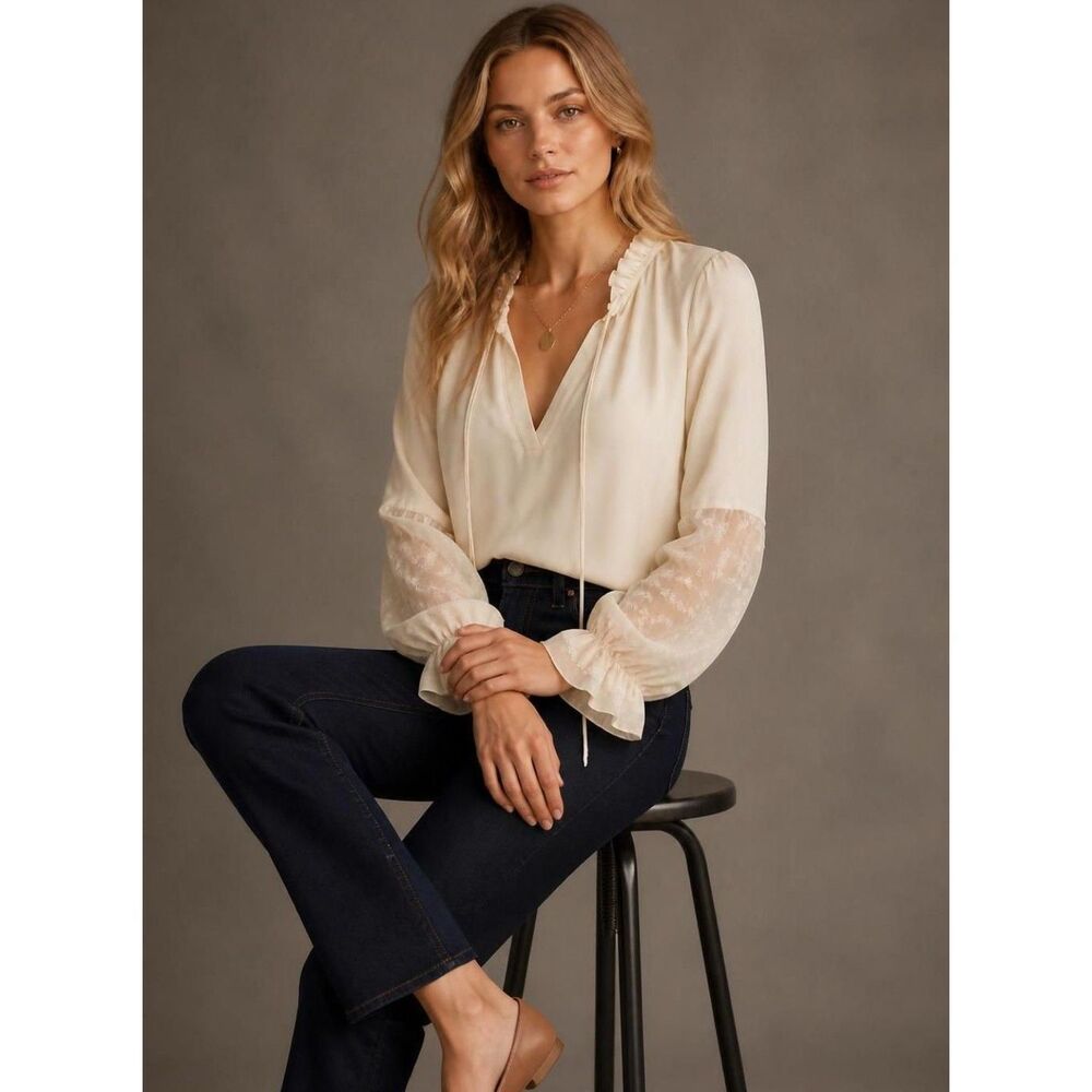 Textured Bohemian V-Neck Blouse Sheer Sleeves Ruffles Polka Dots
